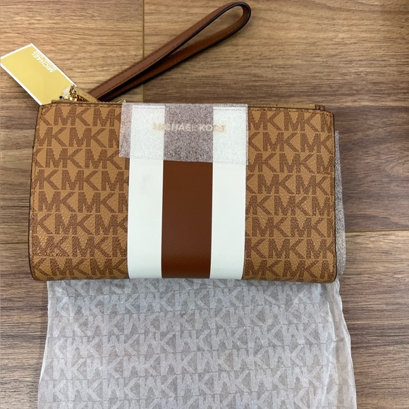 MICHAEL KORS Jet Set Signature Logo Stripe Double Zip Wristlet Wallet NWT - Picture 3 of 14